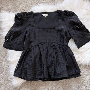 Entro Boutique Peplum Puff‎ Sleeve Gingham Mesh Black Blouse